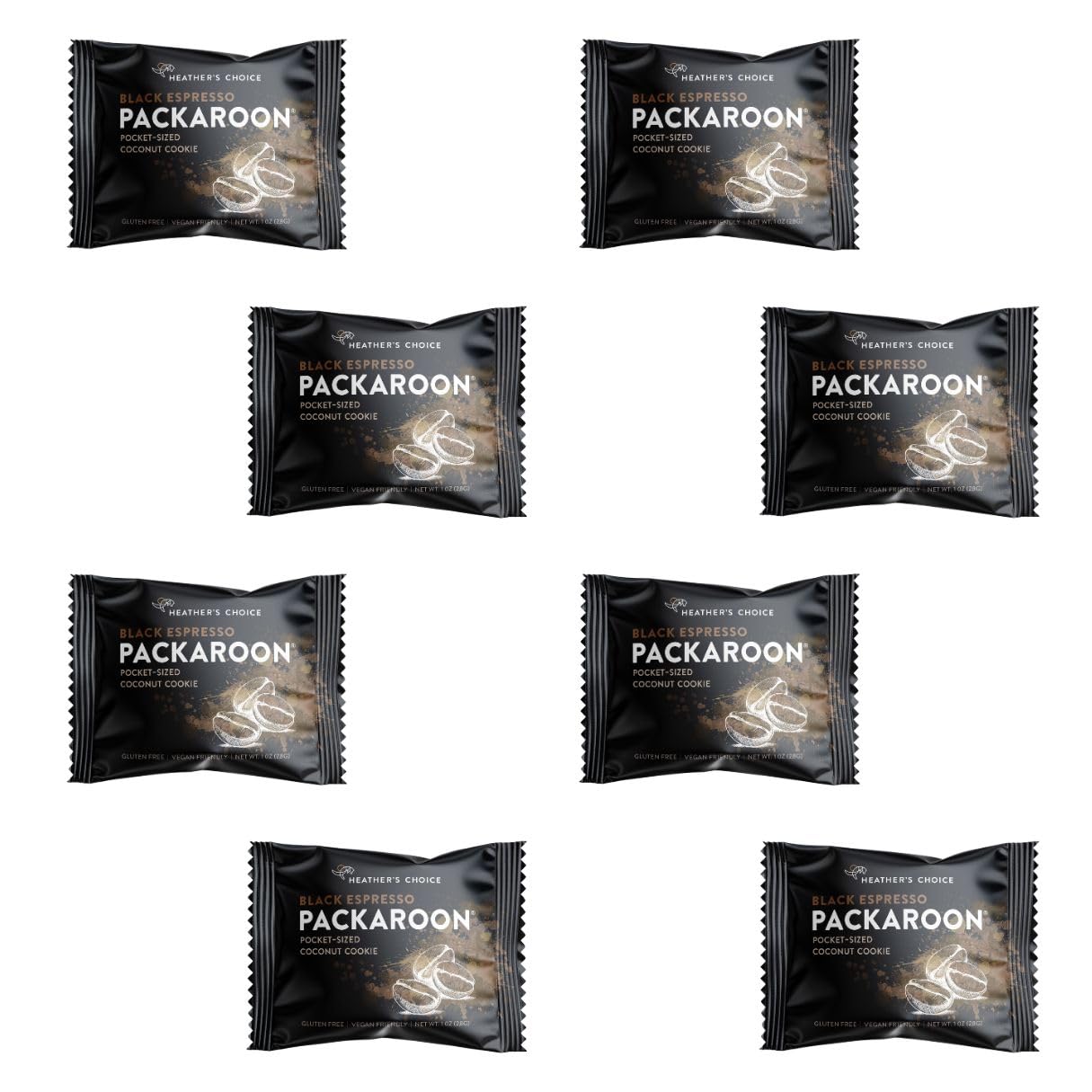 Heather's Choice Packaroons, Vegan Gluten-Free Individually Wrapped Snacks for Backpacking, Camping, Hiking and Travel (Black Espresso, 8-pack)