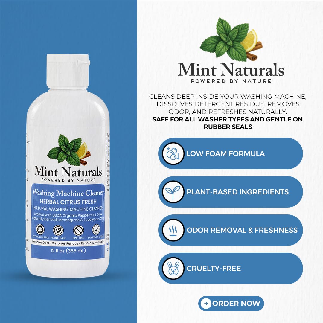 Mint Naturals Natural Washing Machine Cleaner Liquid - Formula That Helps Remove Odor & Residue in Front & Top Load Washers, 12 oz - Made in USA