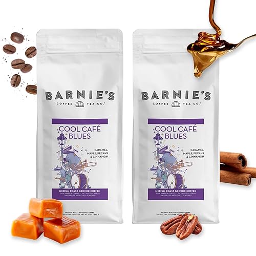Barnie's Coffee Cool Café Blues Ground Coffee with Caramel Maple Pecan and Cinnamon Rum Flavors, Medium Roasted Arabica Beans, Gluten Free, 12 oz Bag