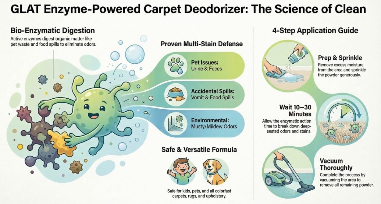 GLAT Group Enzyme-Powered Carpet Deodorizer (Powder) - Sandalwood | Natural Pet Odor Eliminator | Bio-Enzymatic Formula, Premium Performance, Eco