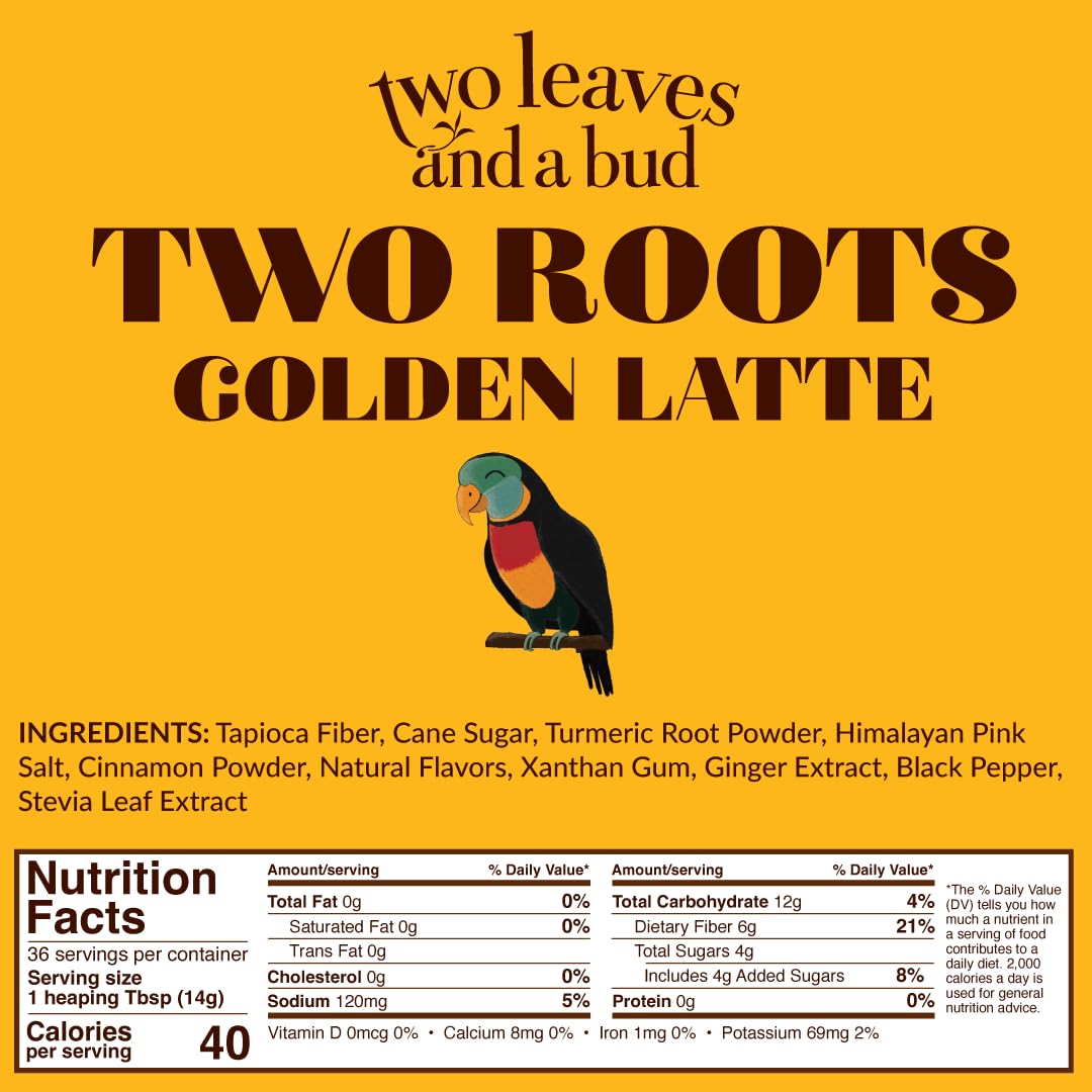Two Leaves and a Bud Two Roots Golden Latte (36 Servings), Powdered Turmeric Ginger Herbal Tea Latte, Vegan, Dairy Free, Low Sugar, Iced or Hot Lattes