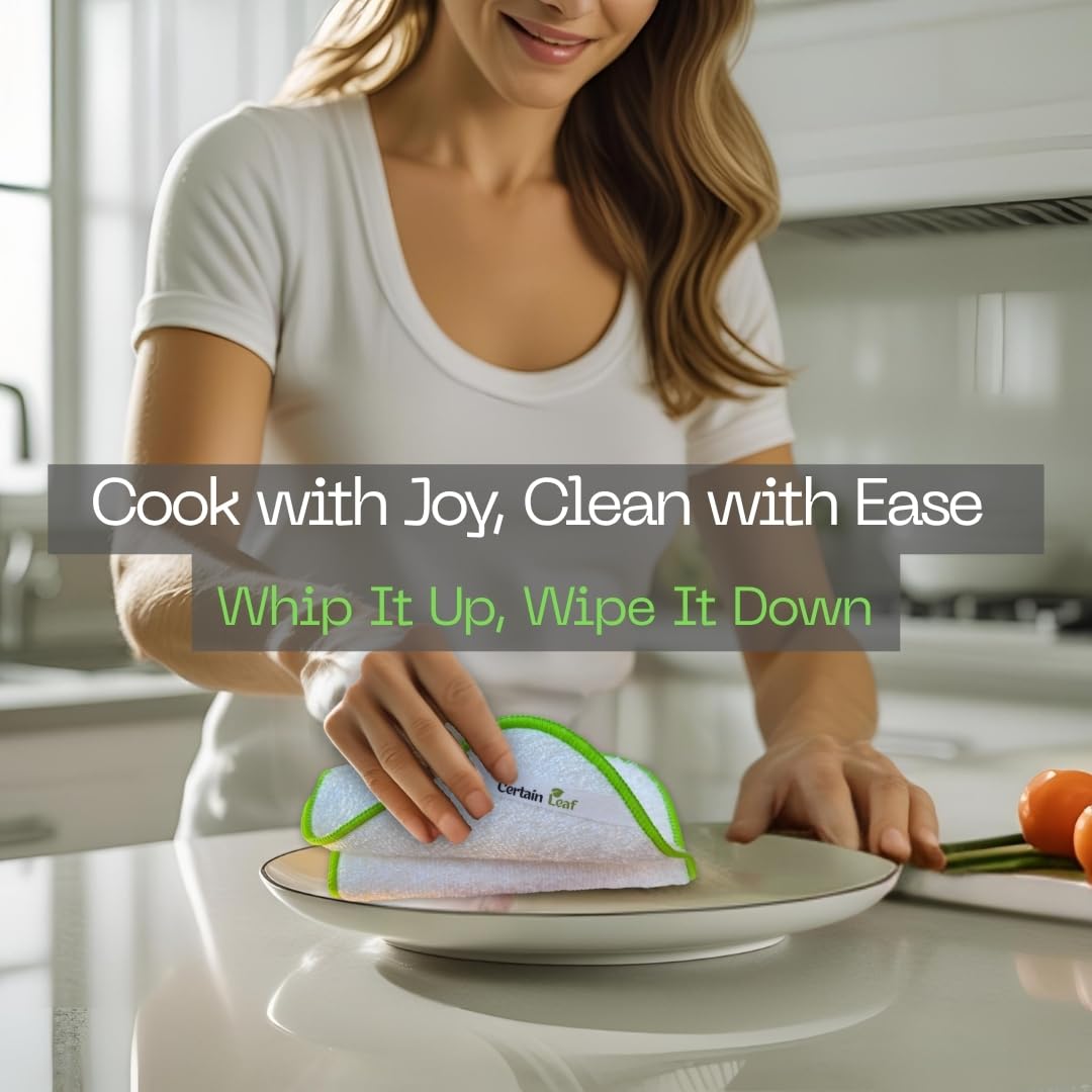 Certain Leaf Kitchen Dish Cloths & Towels - Reusable Double-Layered Rayon derived from Bamboo Cloth, Super Absorbent Fast Drying Non-Scratch Kitchen