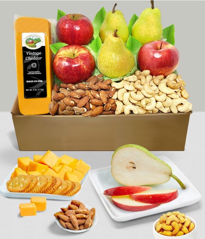 From You Flowers Classic Fruit, Cheese & Nut Gift Basket - Fresh Apples, Pears, Cheddar, Crackers & Nuts for Birthday & Thank You