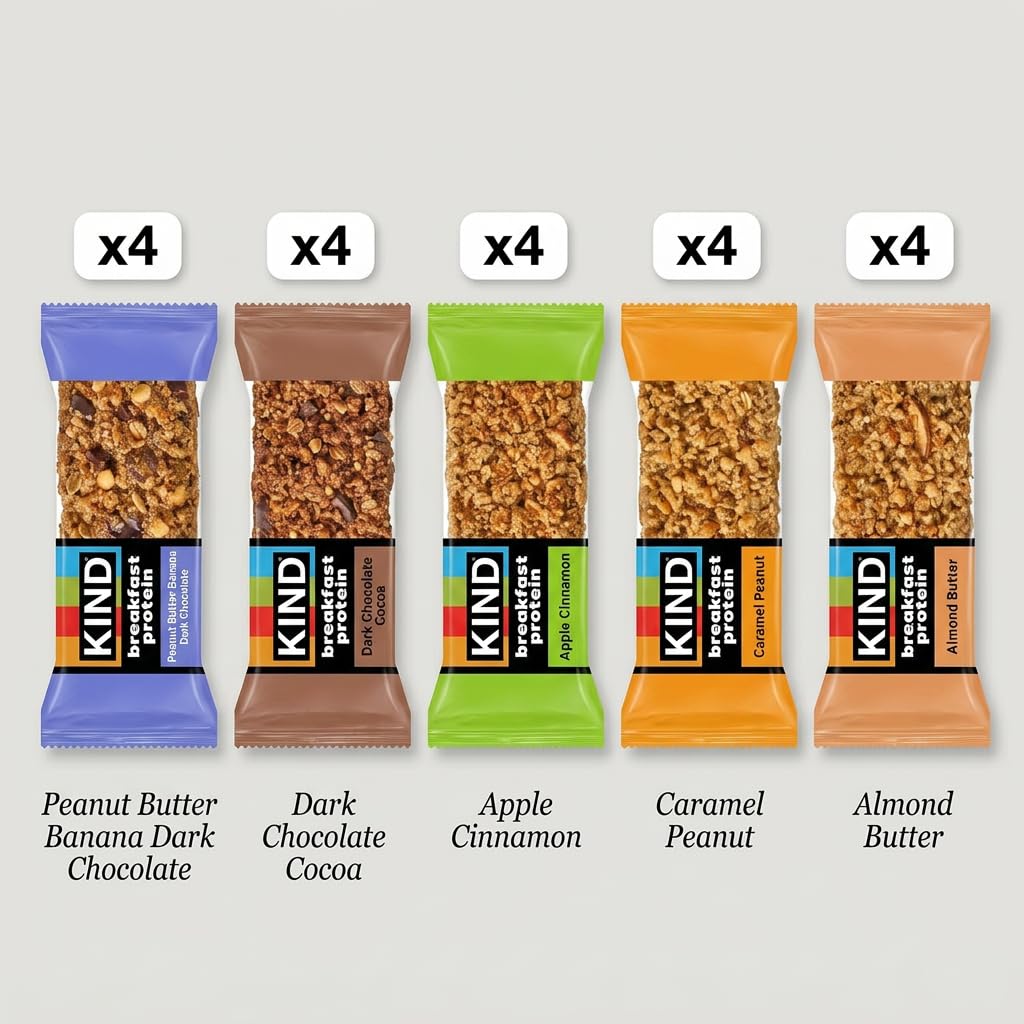 KIND Breakfast Protein Bars Variety Pack - 40 Count (20 Packs, 2 Bars Each) - Dark Chocolate Cocoa, Apple Cinnamon, Caramel Peanut, Peanut Butter