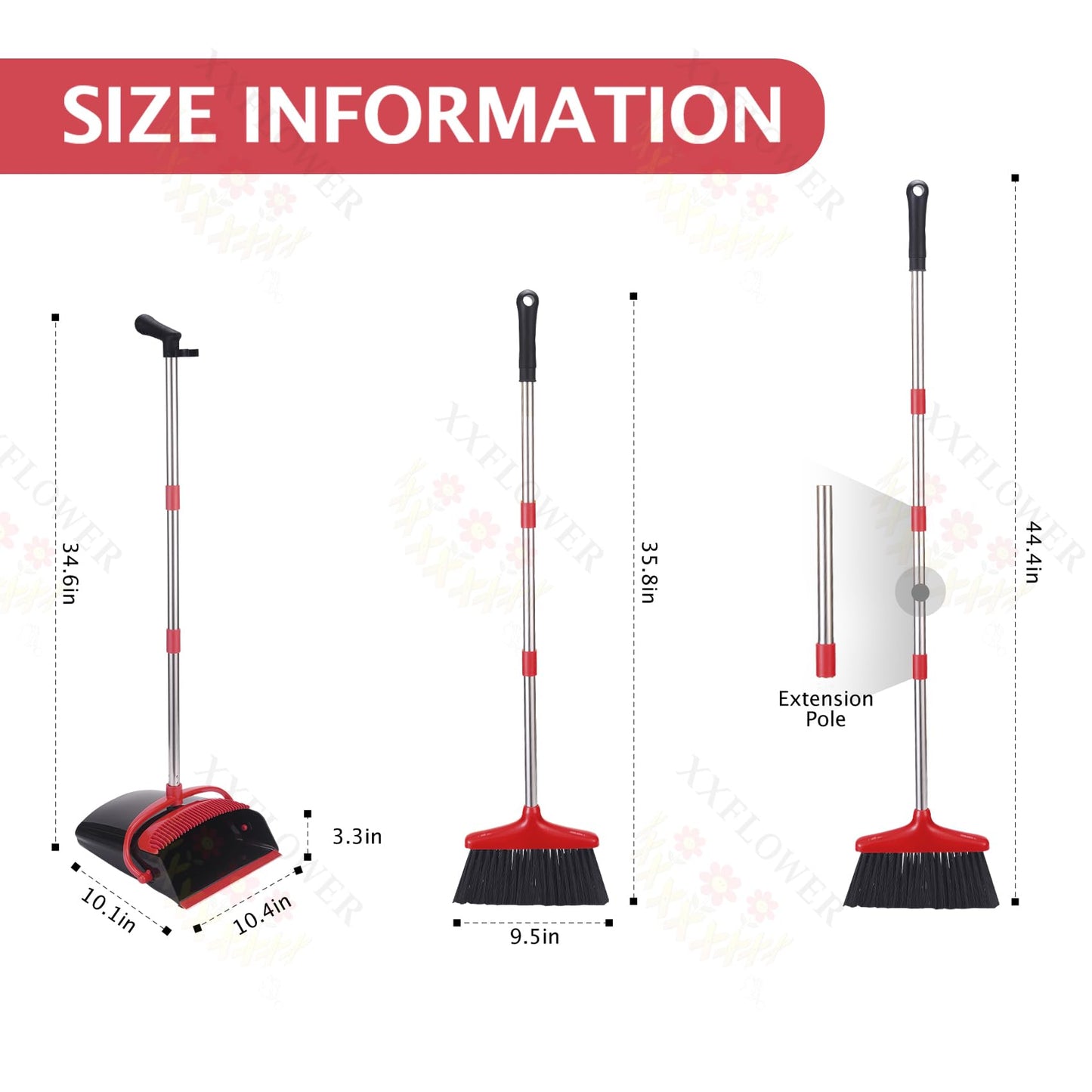XXFLOWER Broom and Dustpan Set with Long Handle, Light Weight Stainless Steel Poles Stand Upright Dustpans with Broom Combo for Home Kitchen Office