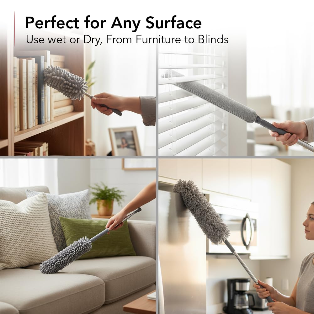 OVENTE Microfiber Duster Cleaning Set with Stainless Steel Extension Pole Up to 96", Washable, Reusable and Bendable Dusters for High Ceiling Fans
