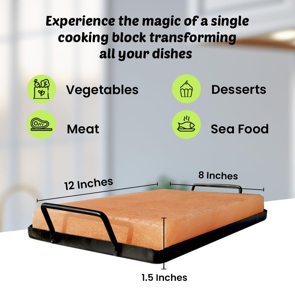 POHS Himalayan Salt Block Cooking Plate 12x8x1.5 for Cooking, Grilling, Cutting and Serving, with Metal Tray & Recipe Booklet Unique Gifts for Men