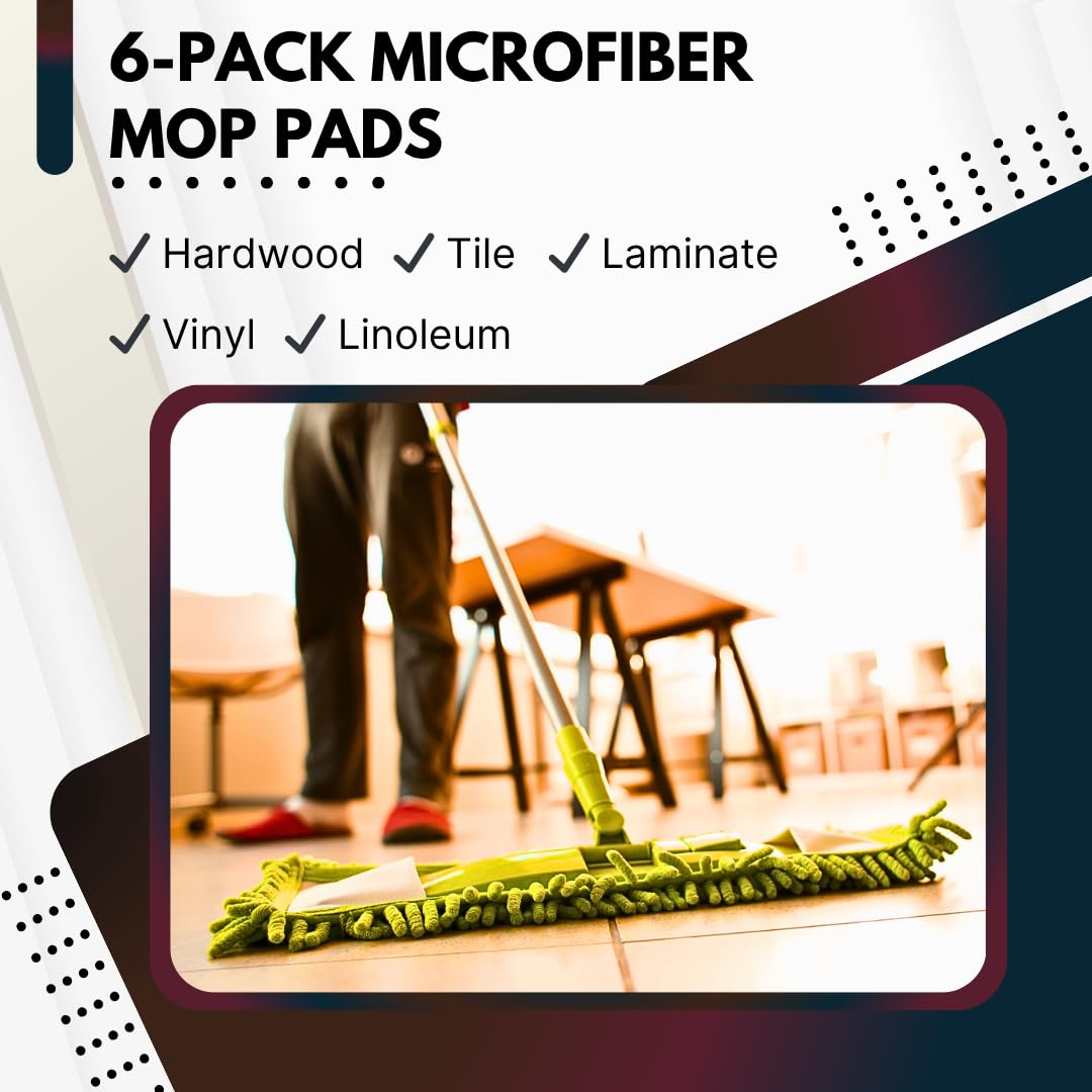 Washable Microfiber Mop Head (6 Pack) - Microfiber Replacement Mop Pads 16 x 5.5 Inches for Cleaning of Wet or Dry Floors - Professional Home/Office