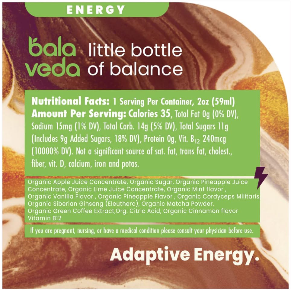 balaveda Tropic Rush Energy Shot with Organic Matcha, L-Theanine, Cordyceps, Eleuthero, and Vitamin B12 - Mint Pineapple Flavor - Clean and Sustained