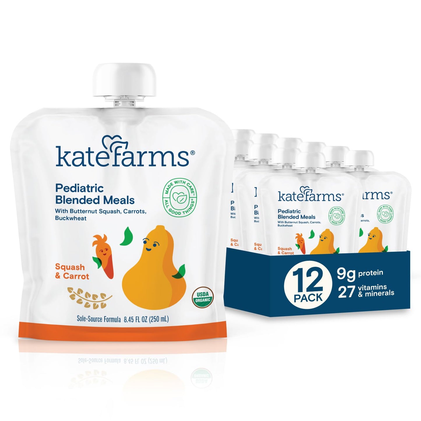KATE FARMS Organic Pediatric Blended Meal, Squash and Carrot, 8g protein, organic whole foods, oral or tube feed nutrition, Gluten Free, Non-GMO, 8.45