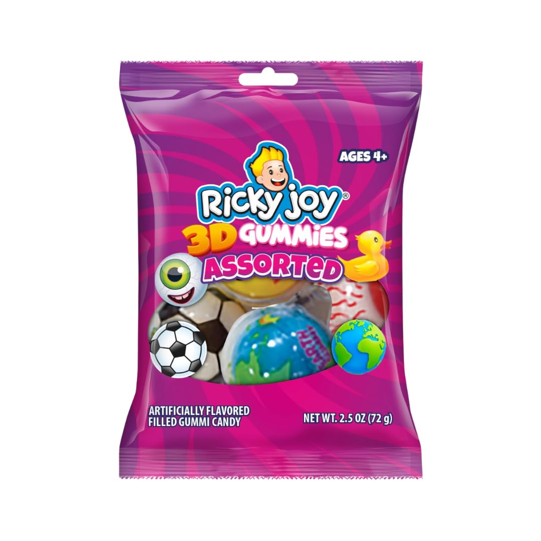 Ricky Joy® 3D™ Gummies - Pack of 12 Bags - 3D Assorted - Eyeballs - Ducks - Planet - 2.5 OZ each - Liquid Center Snack (Assorted bundle)