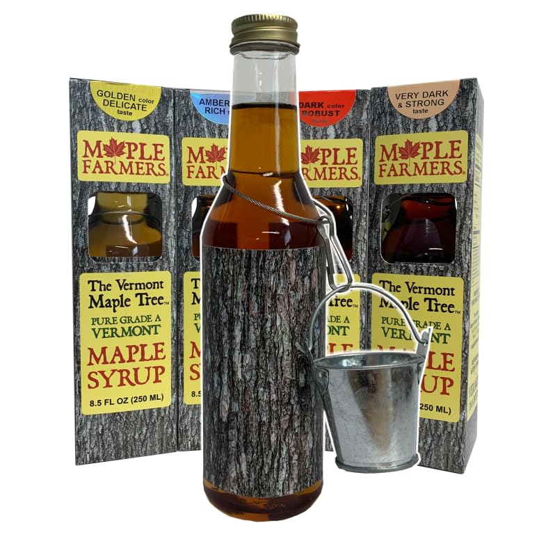 Vermont Maple Syrup Sampler Pack of Maple Trees, Four 8.5 oz Glass Bottle with Decorative Metal Sap Buckets, Pure, Small-Batch, Handcrafted on Small
