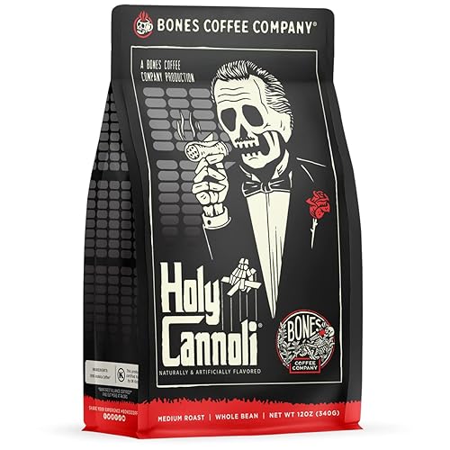 Bones Coffee Company Holy Cannoli, Baked Cannoli Flavored Coffee, Medium Roast Low Acid Arabica Beans Compatible with Auto drip and French Press