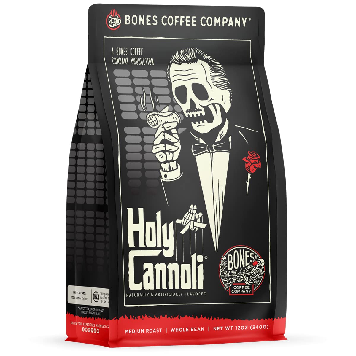 Bones Coffee Company Holy Cannoli, Baked Cannoli Flavored Coffee, Medium Roast Low Acid Arabica Beans Compatible with Auto drip and French Press