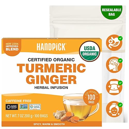 HANDPICK, Organic Turmeric Ginger Tea (100 Tea Bags) | Herbal Tea, Strong Spicy Flavor, Caffeine Free, Daily Wellness Tea, Smooth & Warming Infusion |