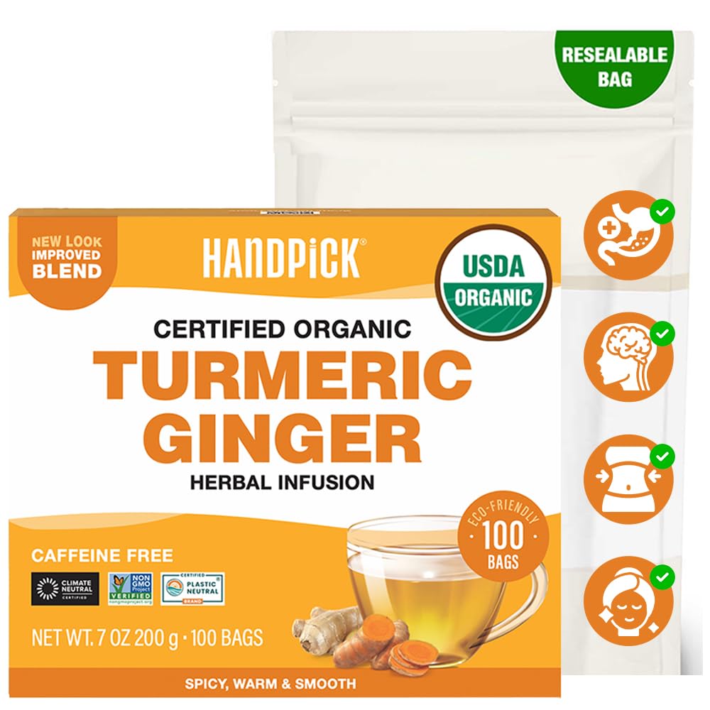 HANDPICK, Organic Turmeric Ginger Tea (100 Tea Bags) | Herbal Tea, Strong Spicy Flavor, Caffeine Free, Daily Wellness Tea, Smooth & Warming Infusion |