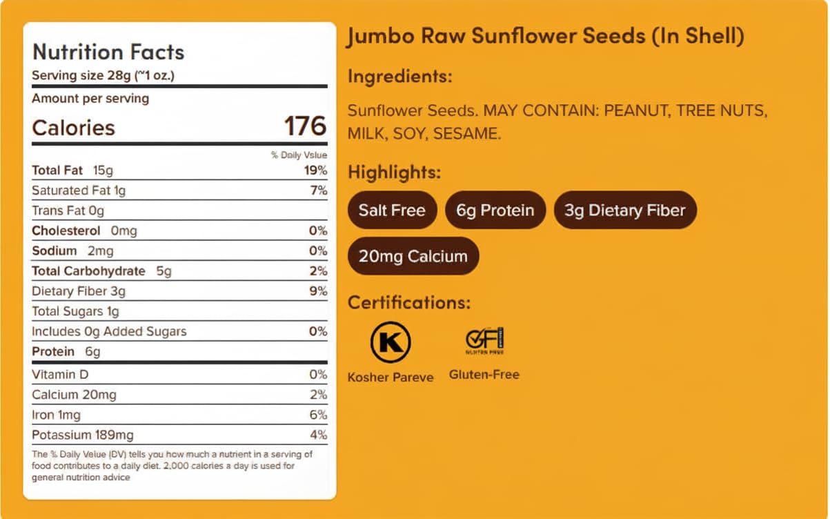 Nuts com Jumbo Raw Sunflower Seeds (In Shell) - Unsalted, Non-GMO, USA Grown, Gluten-Free - High Protein, Heart-Healthy Snack for Eating (2lb)