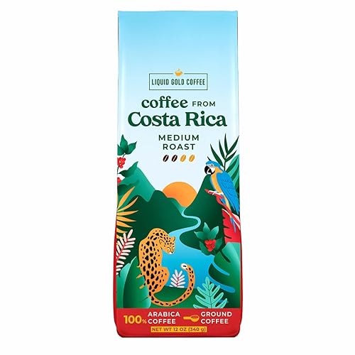Liquid Gold Coffee from Costa Rica, Medium Roast Ground, 1 bag 12 OZ (340 Grams), Fair Trade, 100% Fresh Arabica Beans, Single Origin Specialty