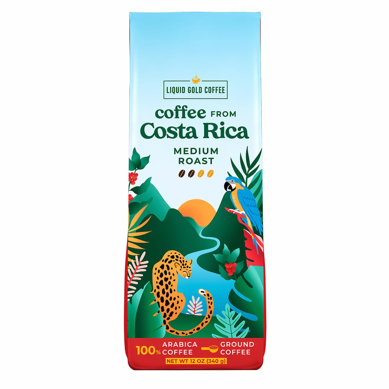 Liquid Gold Coffee from Costa Rica, Medium Roast Ground, 1 bag 12 OZ (340 Grams), Fair Trade, 100% Fresh Arabica Beans, Single Origin Specialty