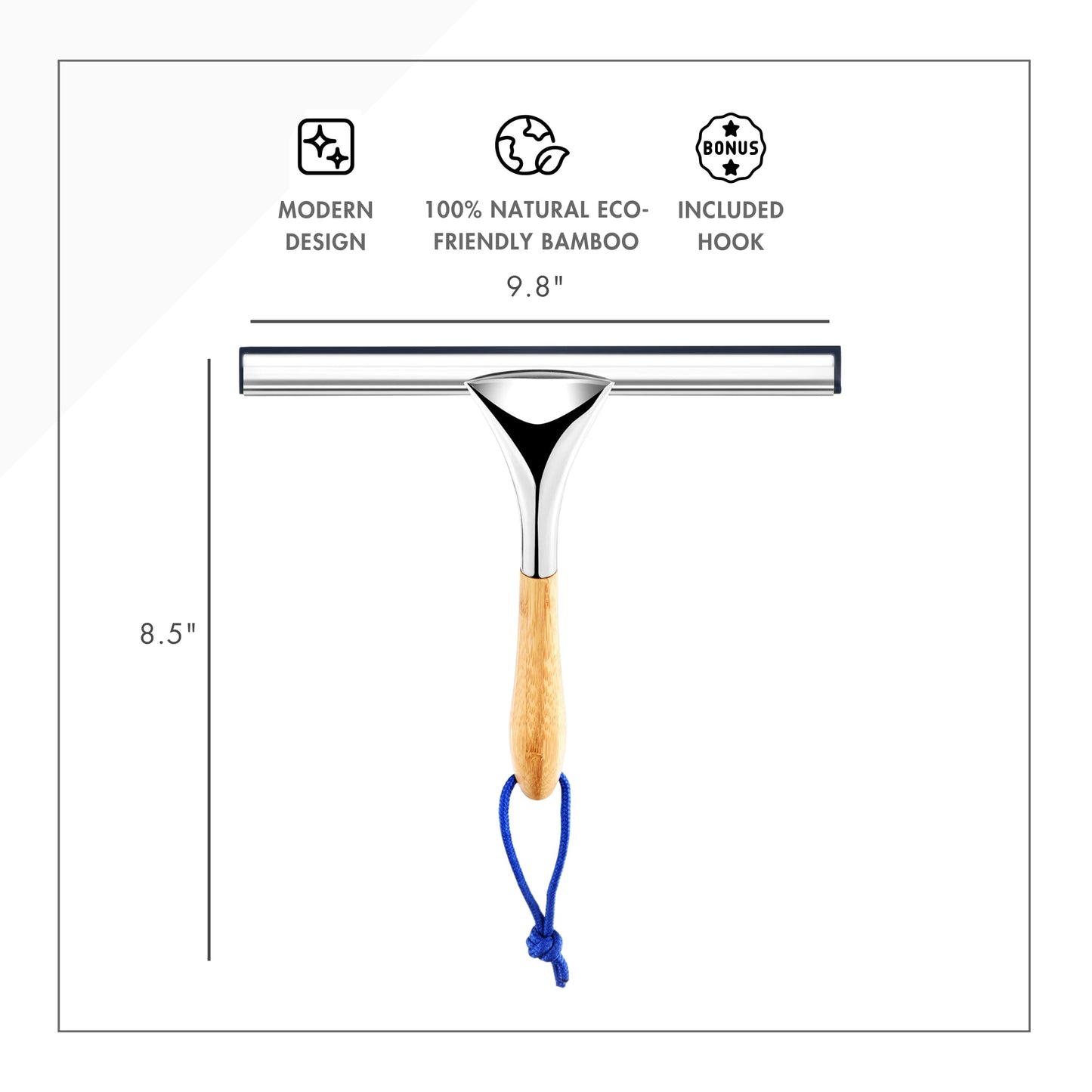 ToiletTree Products All Purpose Bamboo Stainless Steel Squeegee - Rust Proof Deluxe Squeegee with Hanging Hook - Hand Wiper for Shower Doors