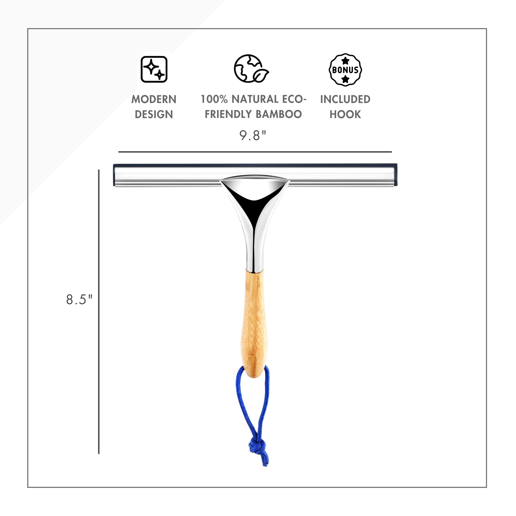 ToiletTree Products All Purpose Bamboo Stainless Steel Squeegee - Rust Proof Deluxe Squeegee with Hanging Hook - Hand Wiper for Shower Doors