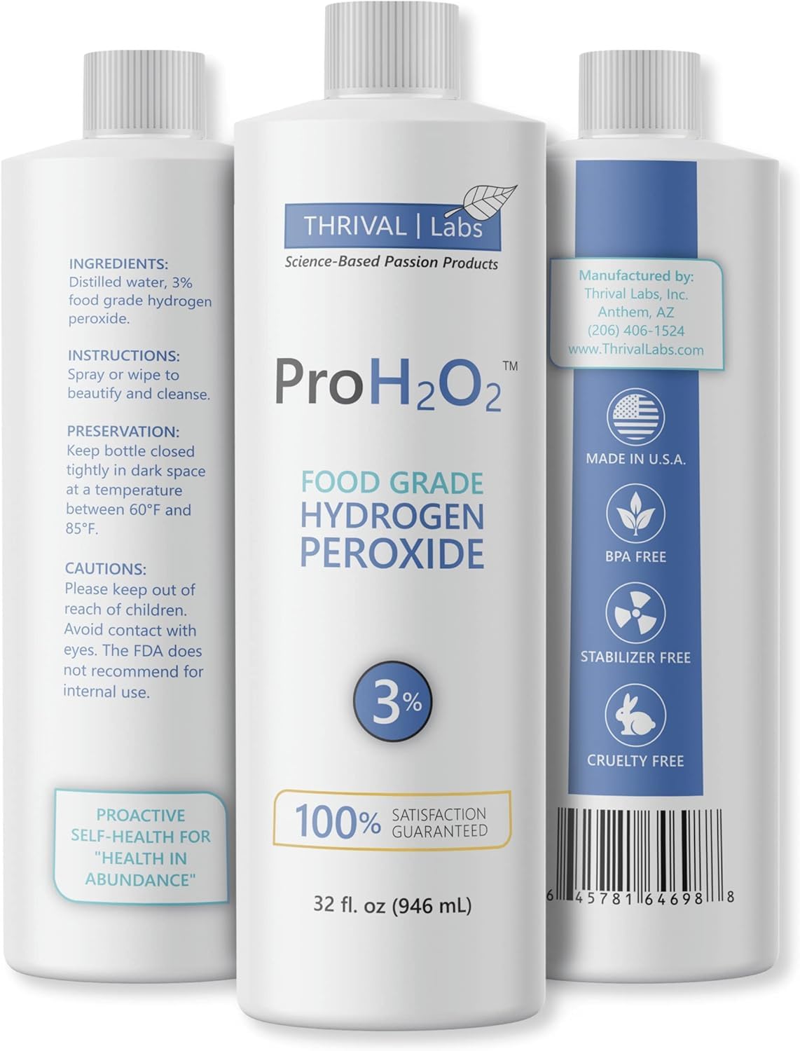 Thrival Labs ProH2O2 3% Food Grade Hydrogen Peroxide - Natural Cleaner & Disinfectant - For Household Use - Ideal for Cleaning, Sanitizing & Gargle