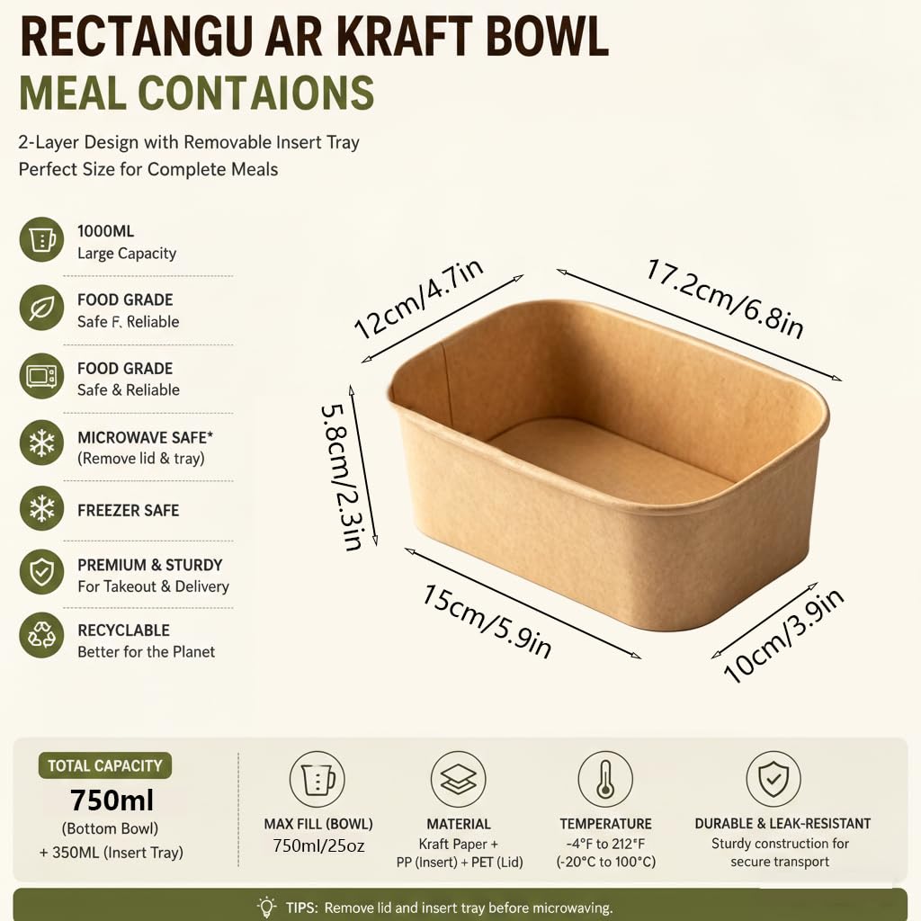 HanBytonan 25 Pack 25oz Food Containers with Trays and Lids, Disposable Brown Paper Bowls