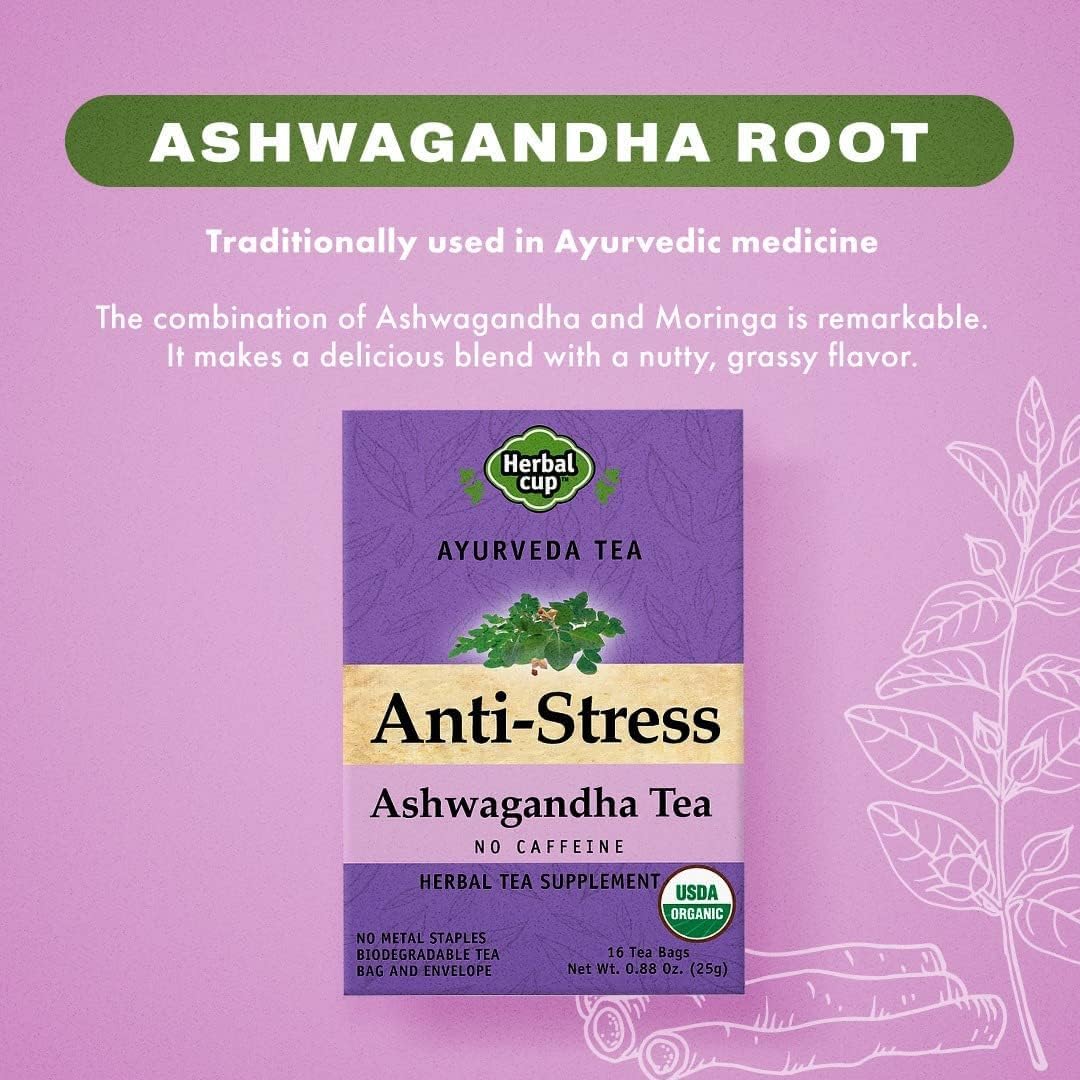 Herbal Cup Ayurveda Ashwagandha Tea, Organic Anti-Stress, No Caffeine Herbal Supplement (16 Count, Pack of 3)