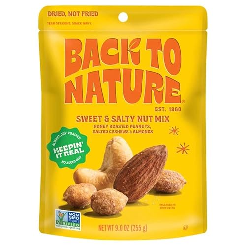 Back to Nature Sweet & Salty Nut Mix, Honey Roasted Peanuts, Salted Cashews & Almonds, Dry Roasted, Non-GMO, On-the-Go Pouch Snack, 9oz Pouch