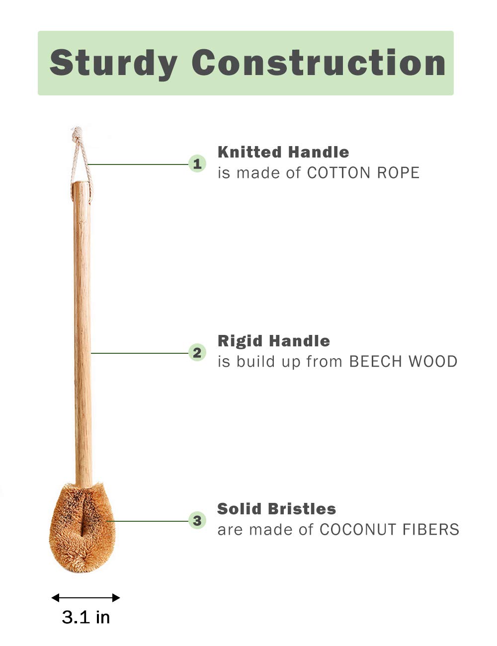 Updated Modern Version Toilet Bowl Brush, Natural Coconut Fiber Brush Head and Beechwood Handle for Bathroom Toilet - Sturdy, Deep Cleaning
