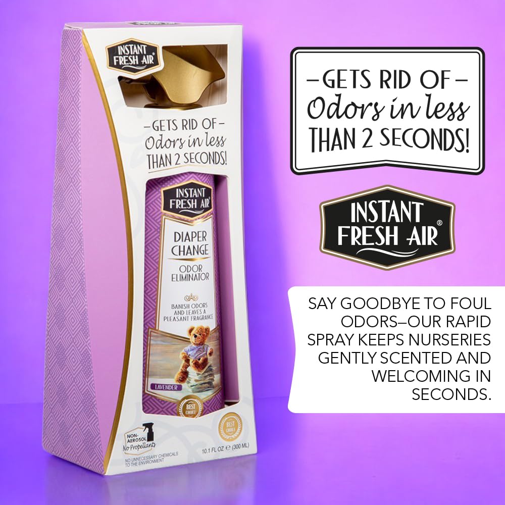 Pleasant Instant Fresh Air DIAPER CHANGE Odor Eliminator Spray - Lavender Scent, Fast-Acting Air Freshener & Odor Eliminator for Nursery, Home