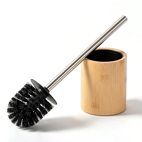 Round Bamboo Toilet Brush, Stainless Steel Long Handle, Freestanding Bathroom Cleaning Brush for Toilet Bowl