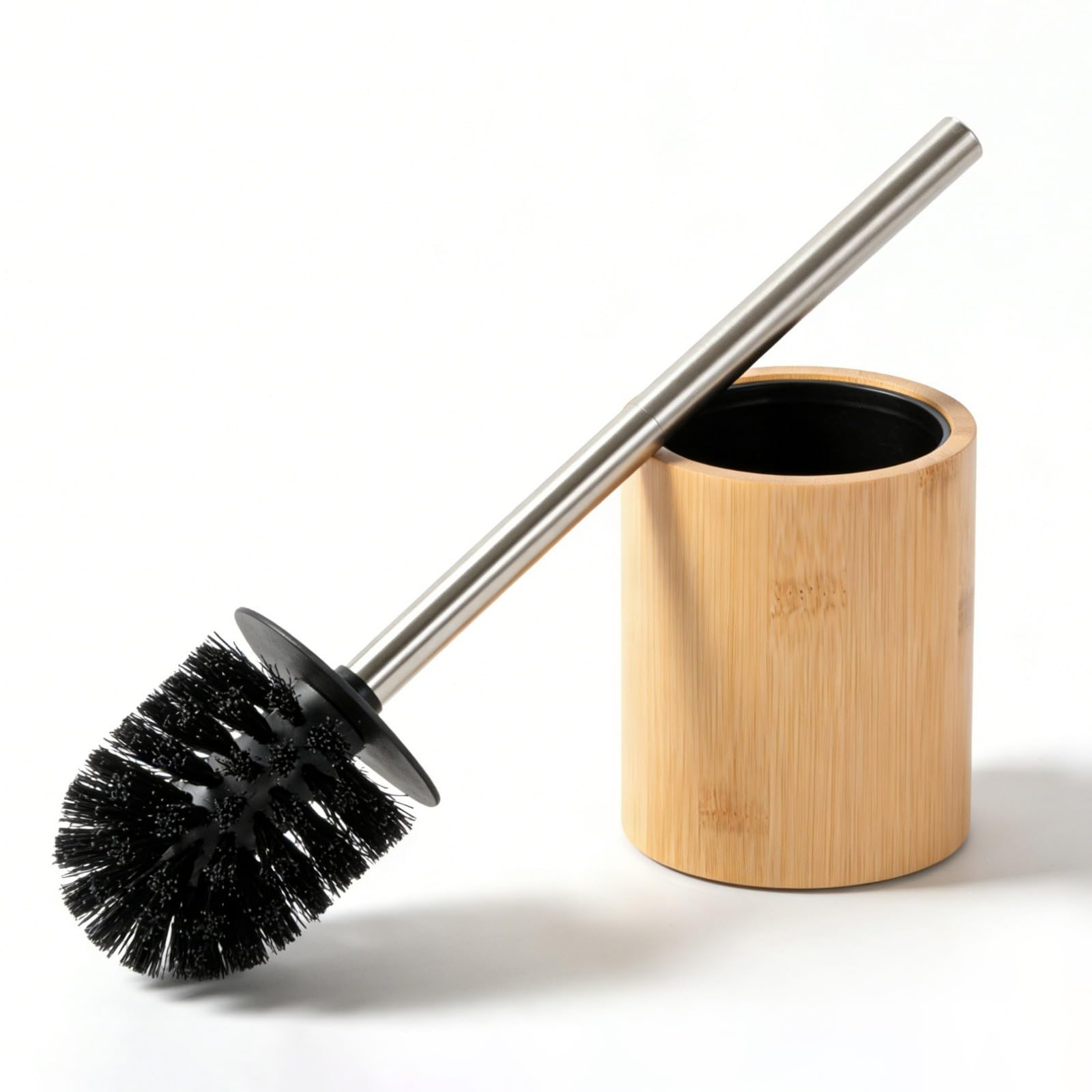 Round Bamboo Toilet Brush, Stainless Steel Long Handle, Freestanding Bathroom Cleaning Brush for Toilet Bowl