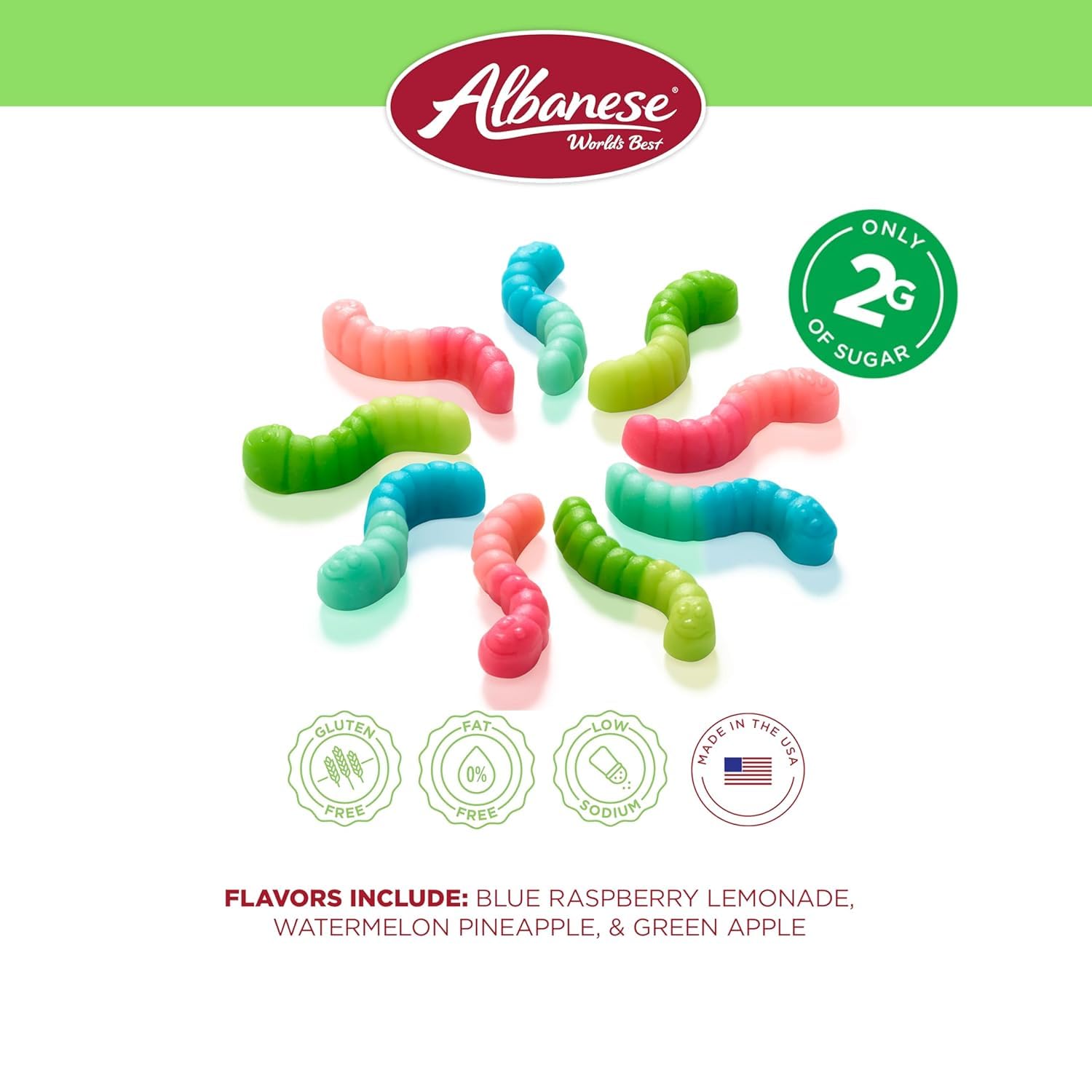 Albanese World's Best Lower Sugar, Gluten Free Mini Gummi Worms, 1.76oz Bag