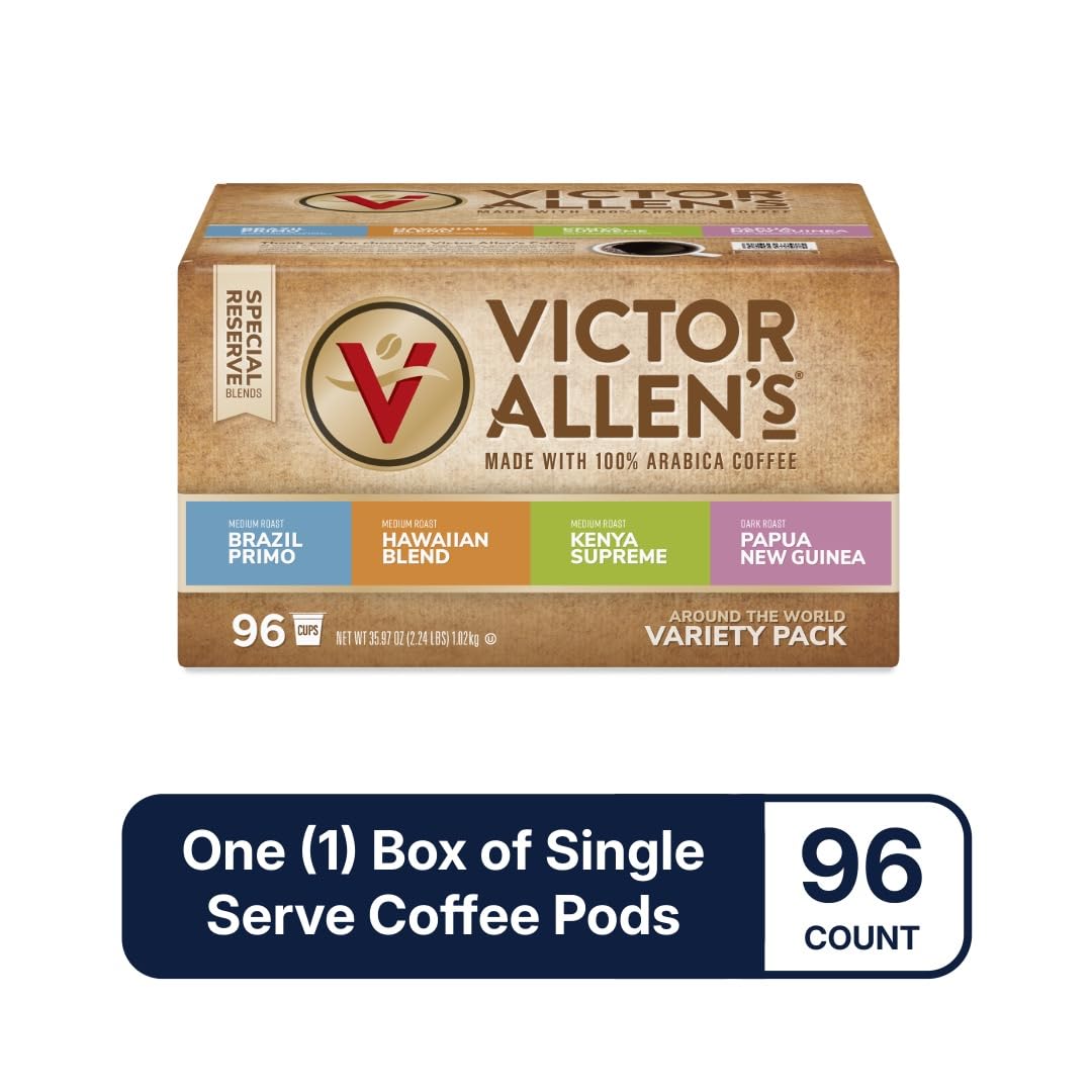 Victor Allen's Coffee Around The World Variety Pack (Brazil Primo, Kenya Supreme, Kona Blend, Papua New Guinea), 96 Count, Single Serve Coffee Pods
