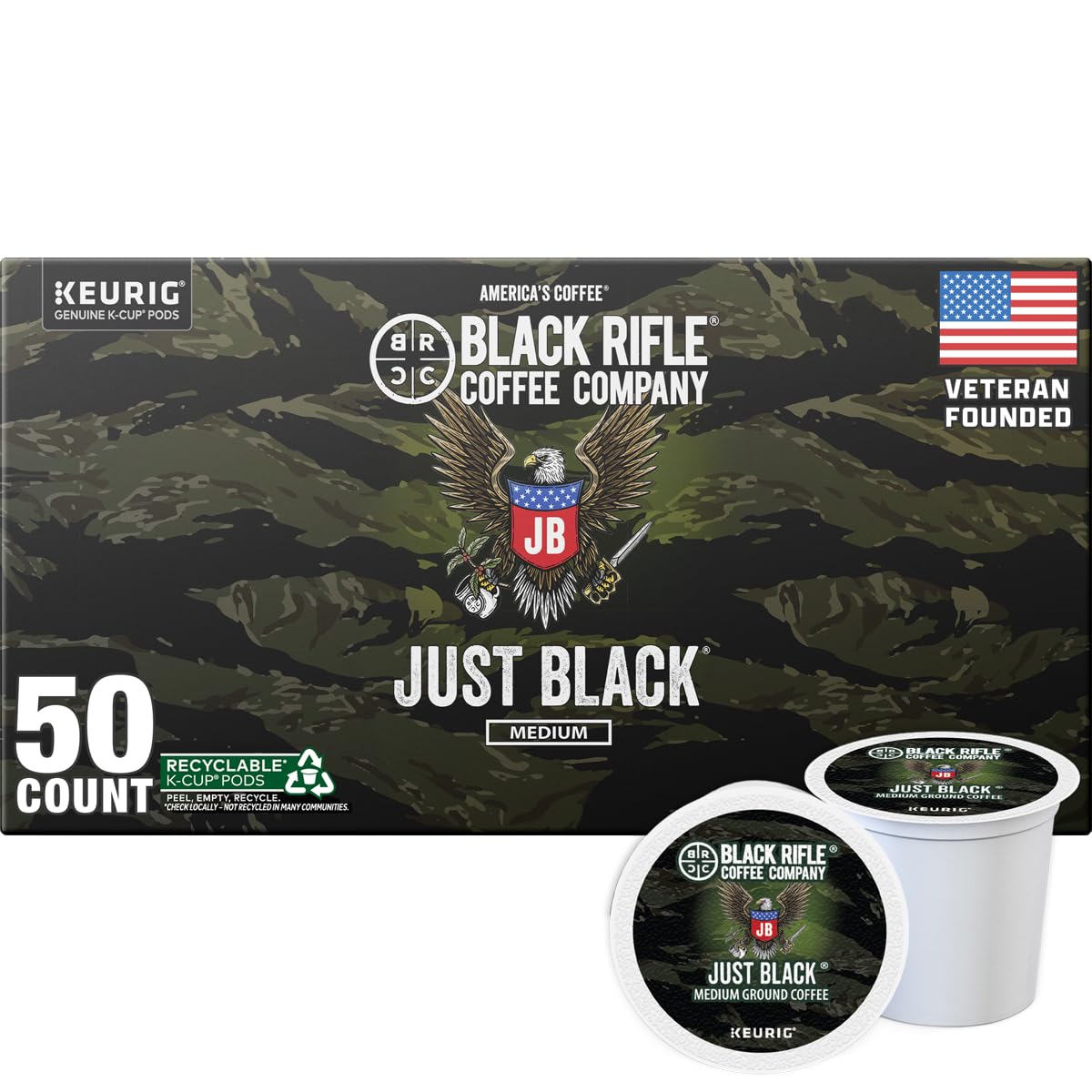 Black Rifle Coffee Company Just Black, 50 Count, Medium Roast K Cups - Single Serve K Cups Coffee Pods - Kcup Pods Compatible with 1.0 & 2.0 - Made