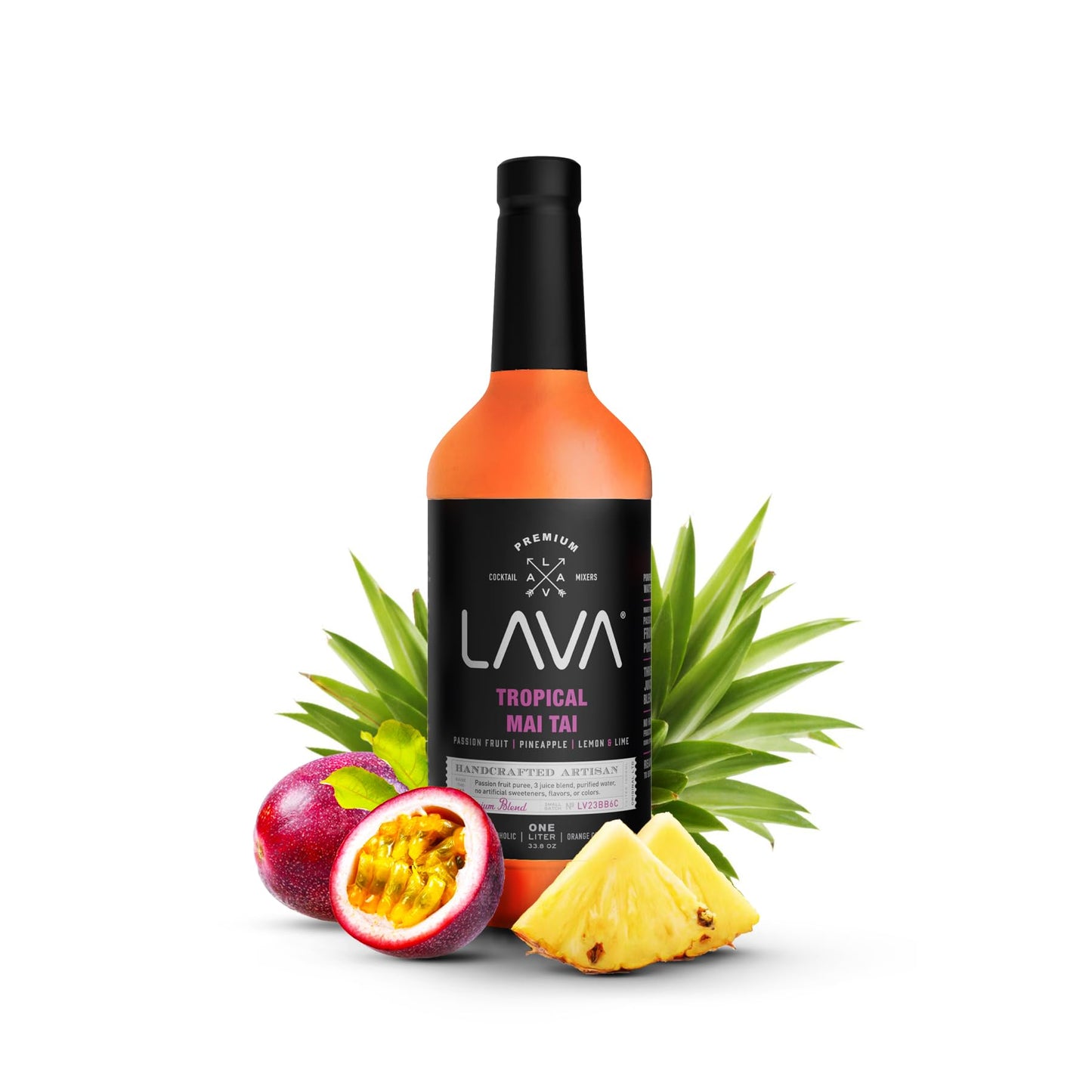 LAVA Premium Tropical Mai Tai Mix made with real passion fruit, pineapple, lemon and lime, no artificial sweeteners, 1-Liter (33.8oz) Glass Bottle