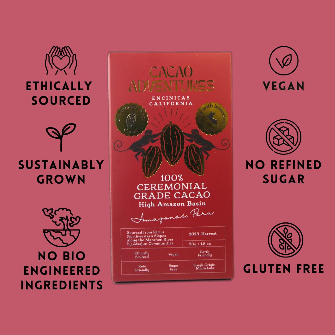 Cacao Adventures - 100% Pure Ceremonial Grade Cacao Bar | Wild Strains | Ethically Sourced Sustainably Grown | (1.76 oz - Pack of 3)