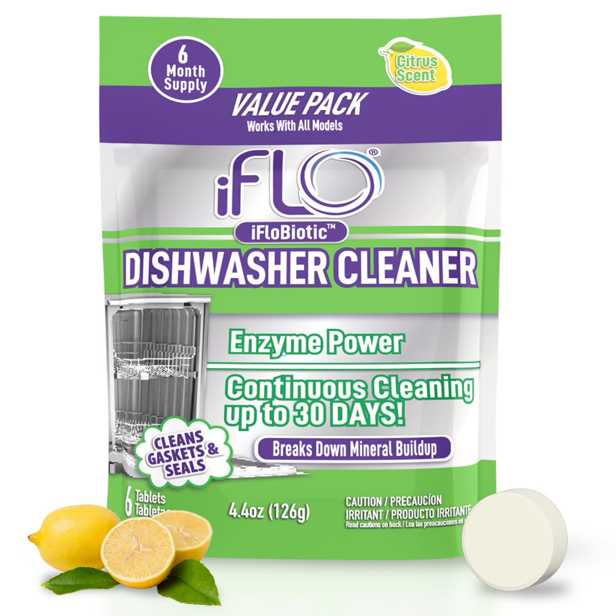 iFLO Dishwasher Cleaner Tablets with iFLObiotic - Deep Cleaning Dishwasher and Deodorizer Tablets to Eliminate Dish Washer Odor, Remove Residue
