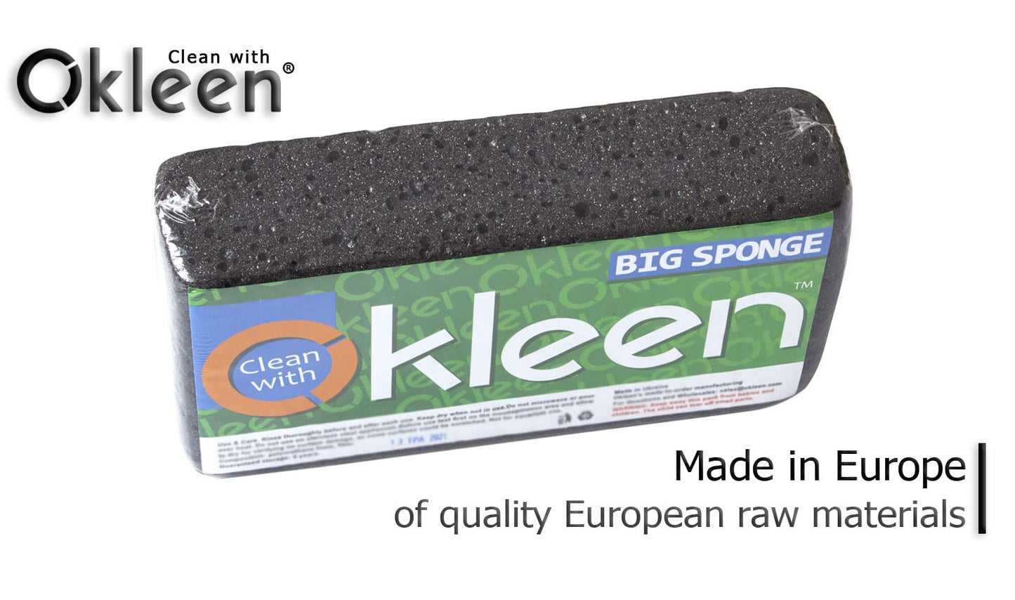 Okleen Big Sponge. Made in Europe. 6 Pack, Black. 8.9x4.3x2.4 Inch Extra Large Odorless Commercial Sponge for All Purpose Cleaning