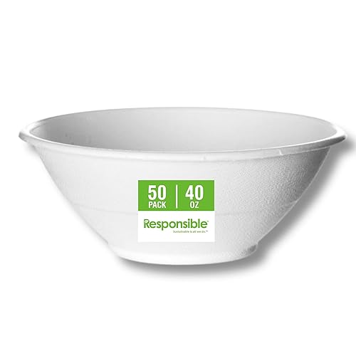 Responsible Products 40 oz Disposable Bowls I Tree-Less™ Compostable Molded Fiber Noodle Bowls I Extra Strength I No Added PFAS I Classic White (50