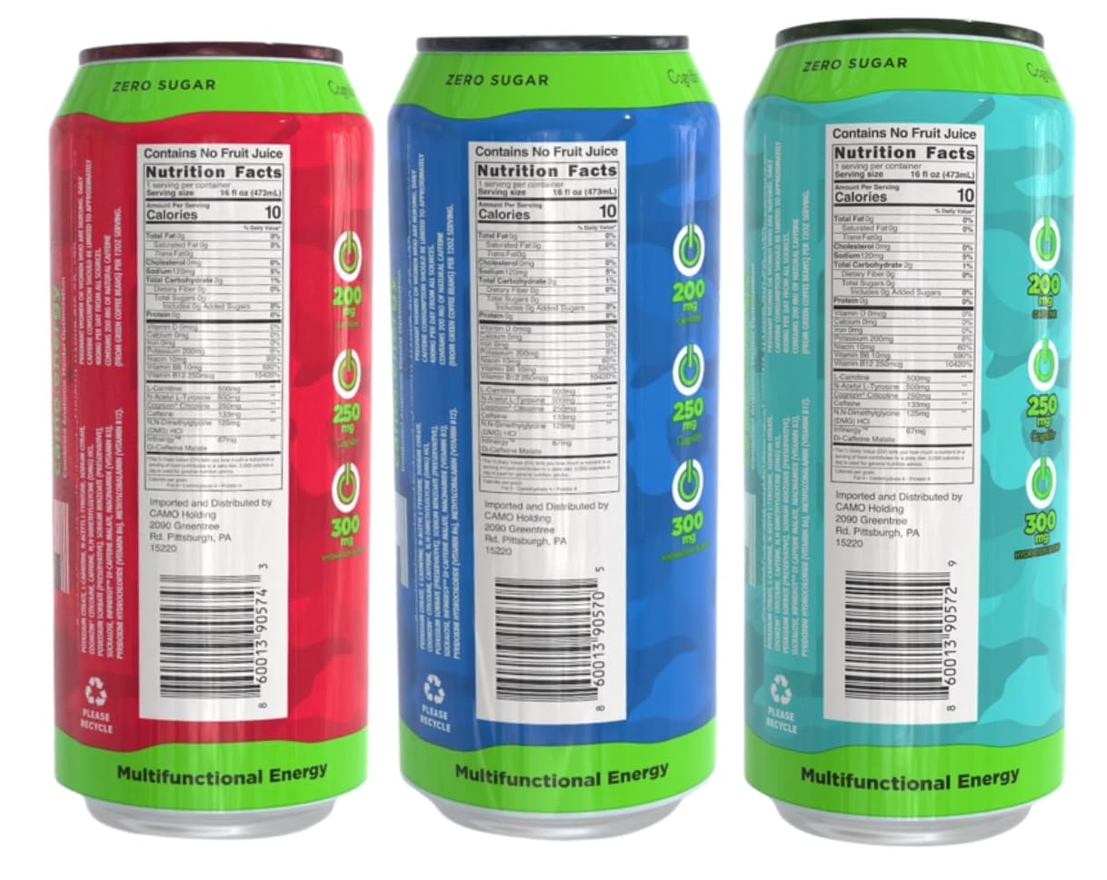 CAMO Energy Edge Variety Pack Energy Drink, Cherry Bomb, Tropical Surge, Gummy Razz (4 each)16oz Cans, 12 Pack, Ultra Premium Caffeine Blend