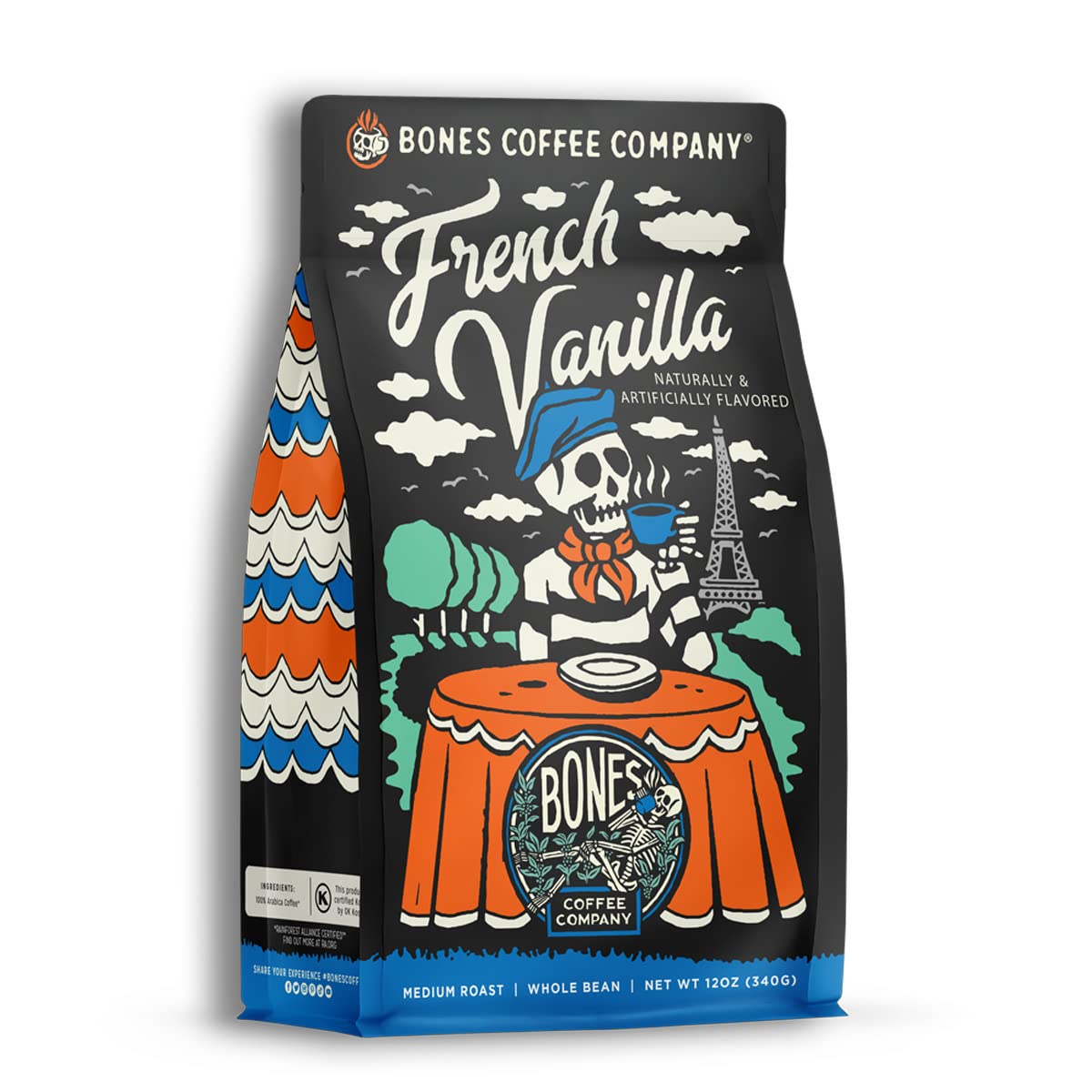 Bones Coffee Company French Vanilla, Creamy Vanilla Flavored Coffee, Medium Roast Low Acid Arabica Beans Compatible with Auto drip and French Press