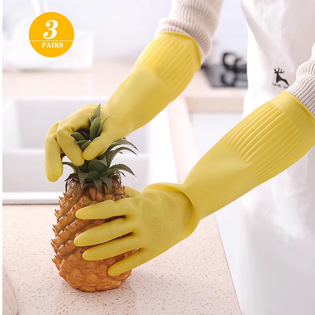 Vsootal 6 - Pair 17.8 - Inch Elbow - Length Reusable Rubber Waterproof Household Cleaning and Kitchen Dishwashing Gloves - Medium Size