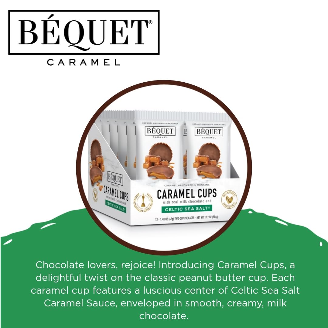 Béquet Milk Chocolate Sea Salt Caramel Cups - Soft, Individually Wrapped Chocolate-Covered Caramels, Gluten?Free & Gourmet - 12-Pack (2 cups each)