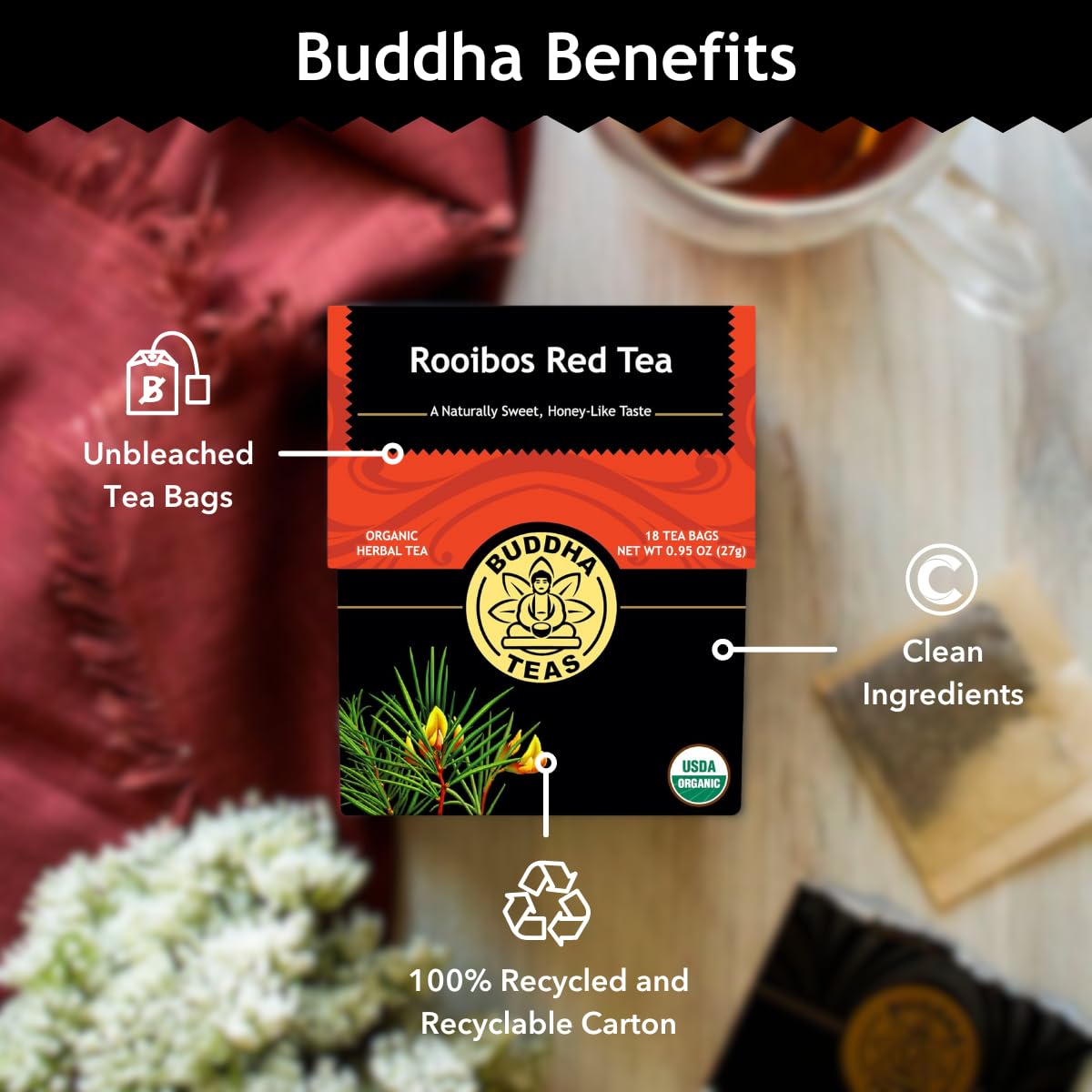 Buddha Teas - Rooibos Red Tea - Organic Herbal Tea - For Digestive Health - Rejuvenate & Support - Caffeine Free - 100% Kosher & Non-GMO - 18 Tea Bags