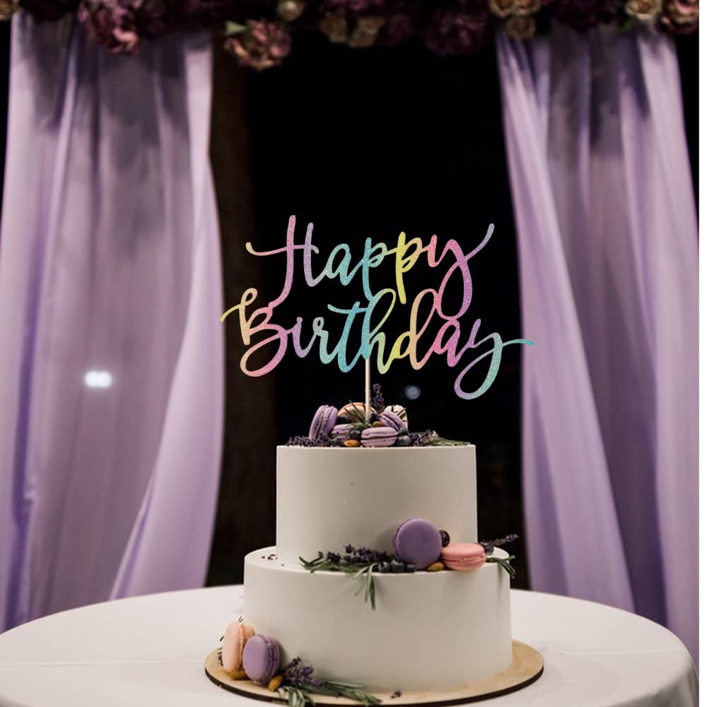 Auteby Rainbow Happy Birthday Cake Topper, Glitter Birthday Party Decoration Supplies