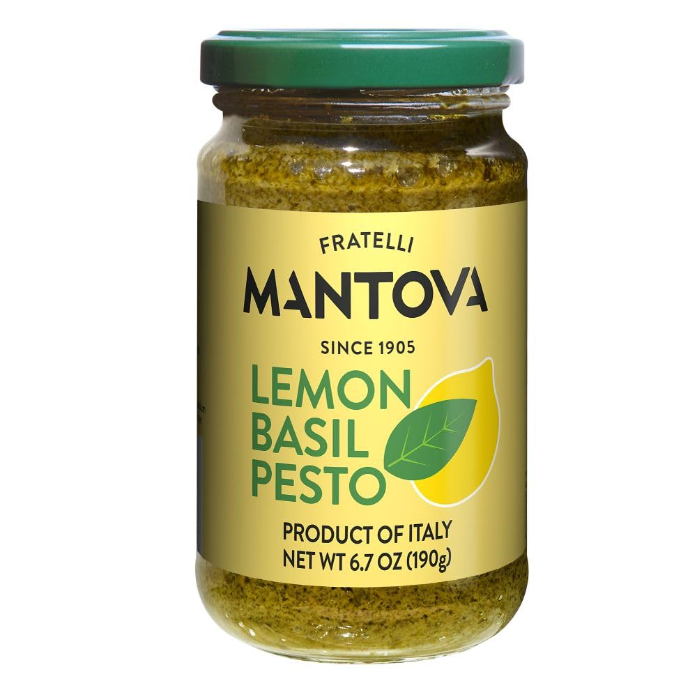Mantova Lemon Basil Pesto, 6.7 oz (Pack of 1), combines fresh basil pesto with lemon ziest for extra flavor Ideal for heart-healthy recipes, this
