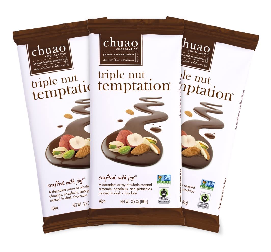 Chuao Chocolatier Triple Nut Temptation Gourmet Dark Chocolate Bars | For Gift Baskets, Birthday, Thank You, Care Package| 3 Pack, 2.8 oz Each
