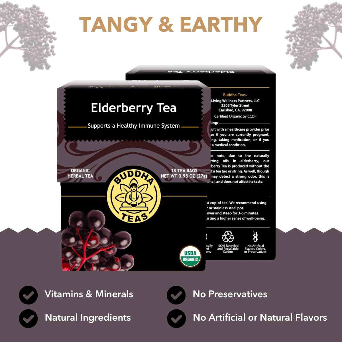 Buddha Teas - Organic Elderberry - Herbal Tea - For Health & Wellbeing - With Antioxidants & Minerals - Clean Ingredients - Caffeine Free - OU Kosher
